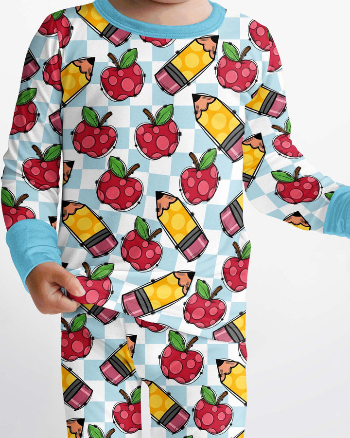 Checkered Apple Scribbles Bamboo Two Piece Long Sleeve Pajama Set