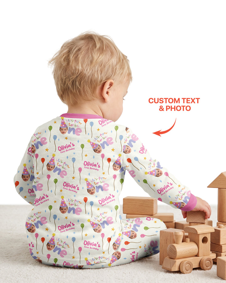 Custom Photo First Birthday Fun Bamboo Two Piece Long Sleeve Pajama Set