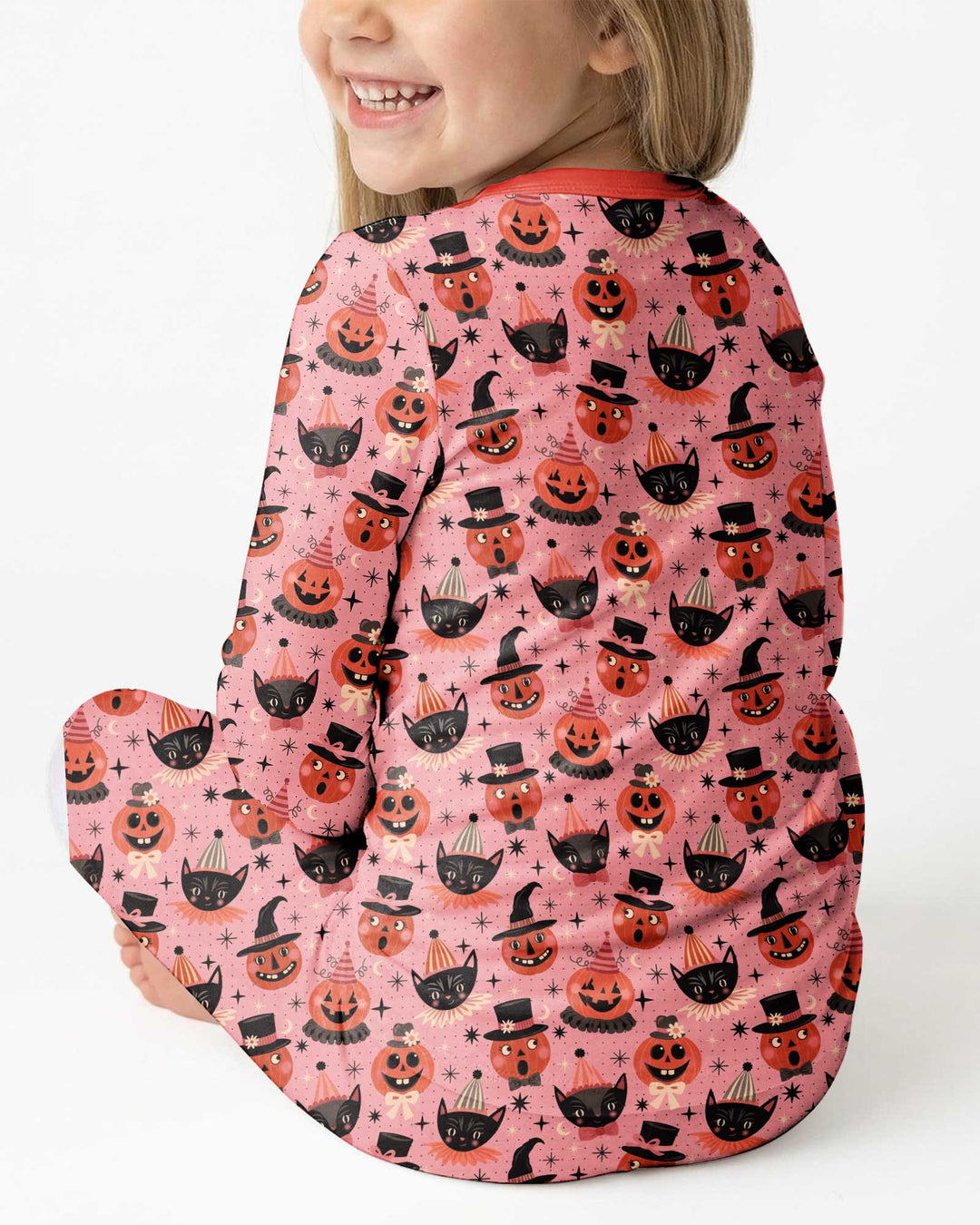 Retro Halloween Cats and Funny Pumpkins Bamboo Two Piece Long Sleeve Pajama Set