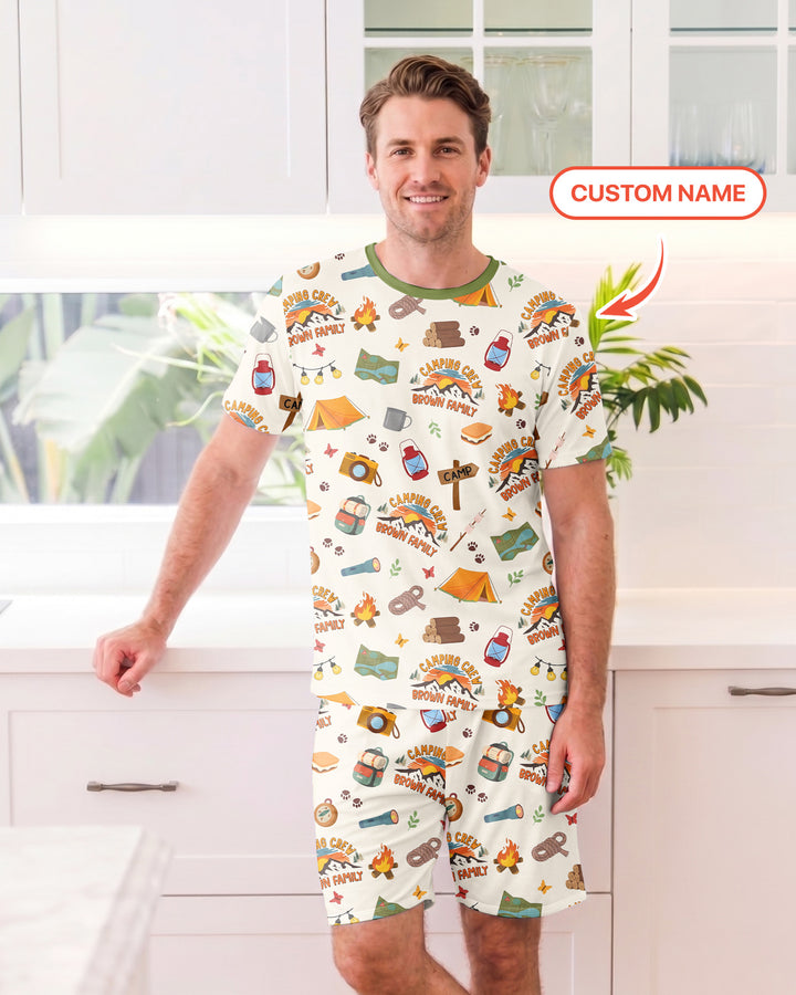 Custom Name Camping Crew Family Matching Bamboo Men Short Sleeve Short Pajama Set