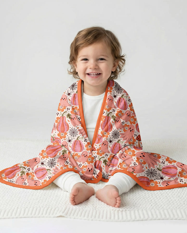 Pink Ghost Pumpkin Fall Floral Halloween Bamboo Blanket