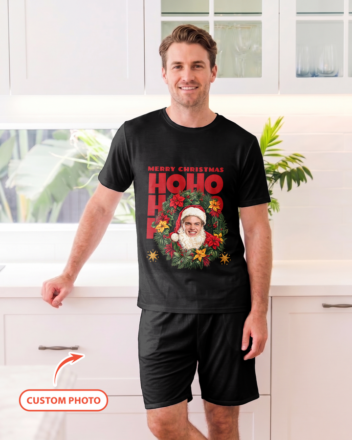 Personalized Photo Christmas Santa Bamboo Men Short Sleeve Short Pajama Set