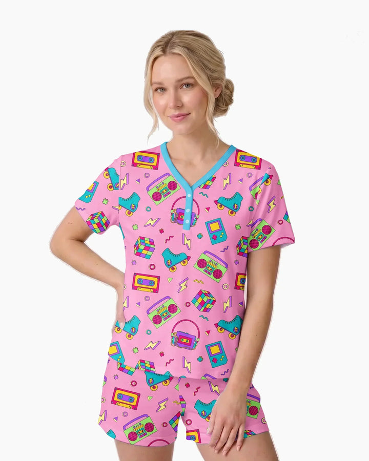 80s Retro Neon Bamboo Women Short Sleeve Short Pajama Set