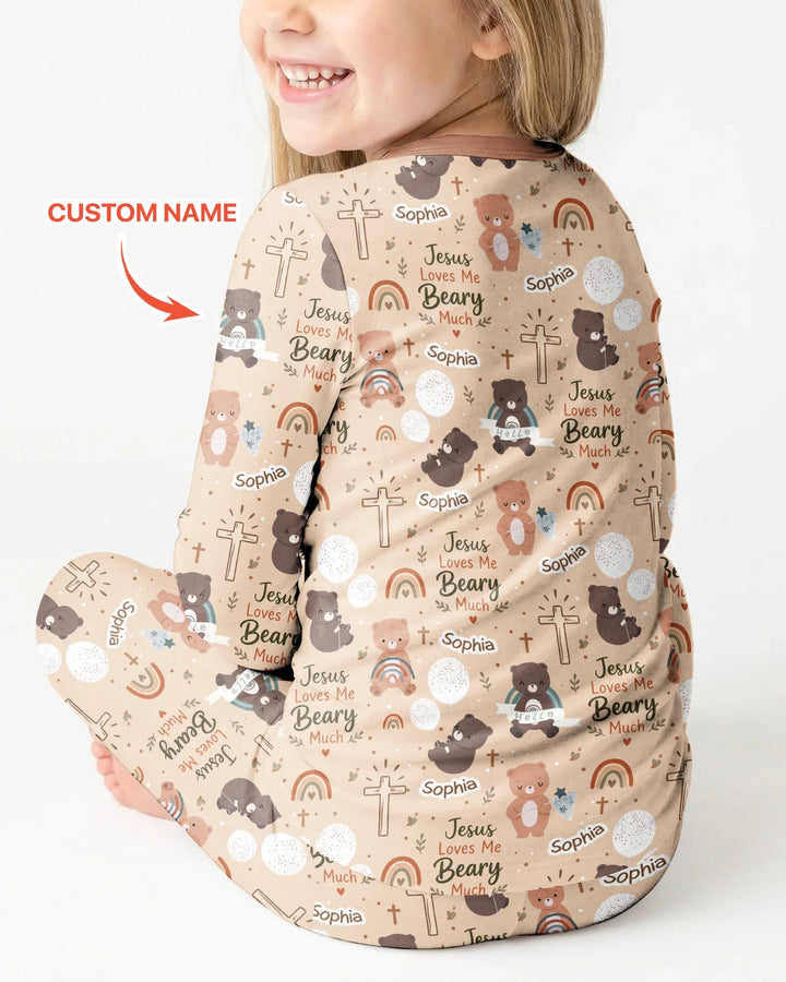 Custom Name Jesus Loves Me Beary Much Bamboo Two Piece Long Sleeve Pajama Set