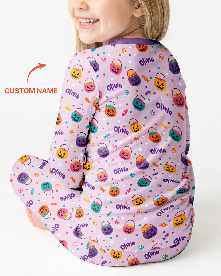 Custom Colorful Trick Or Treat Halloween Candy Bag Bamboo Two Piece Long Sleeve Pajama Set