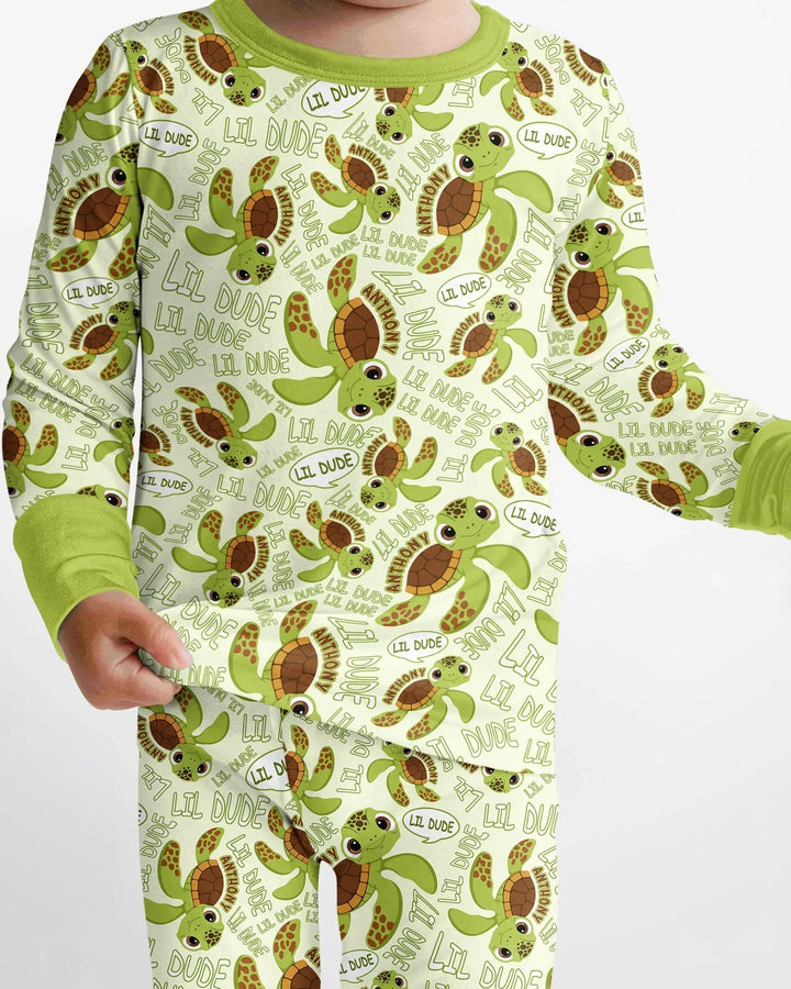 Custom Name Version Father and Son Turtle Bamboo Two Piece Long Sleeve Pajama Set