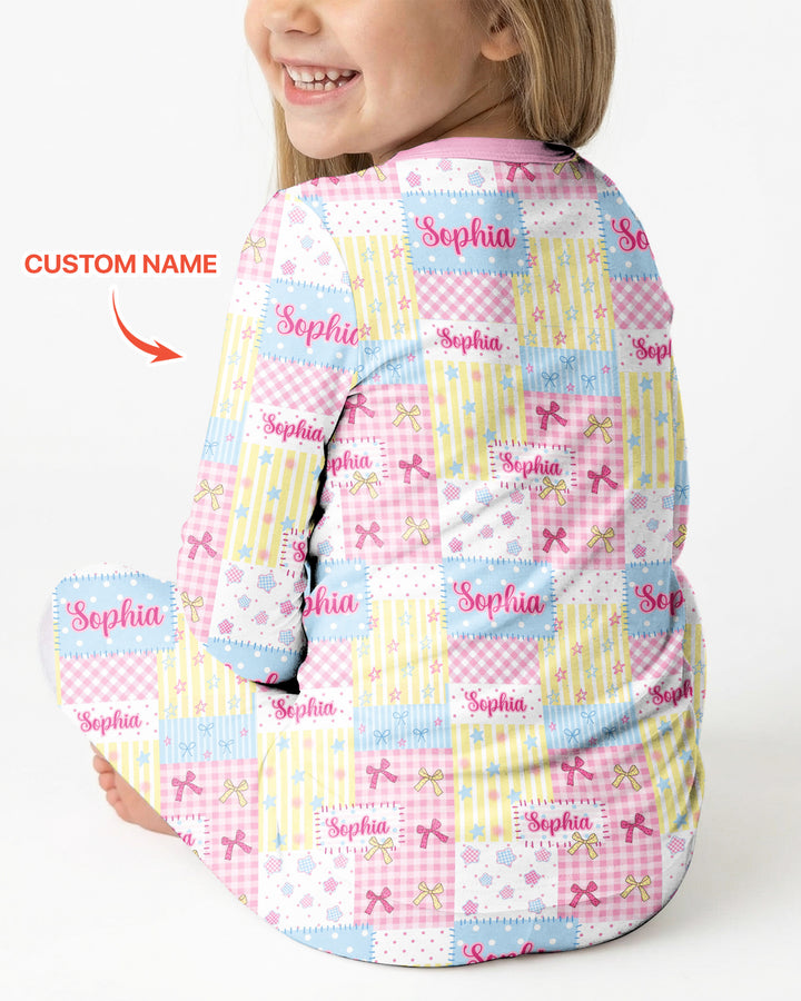 Custom Name Sweet Patchwork Bamboo Two Piece Long Sleeve Pajama Set