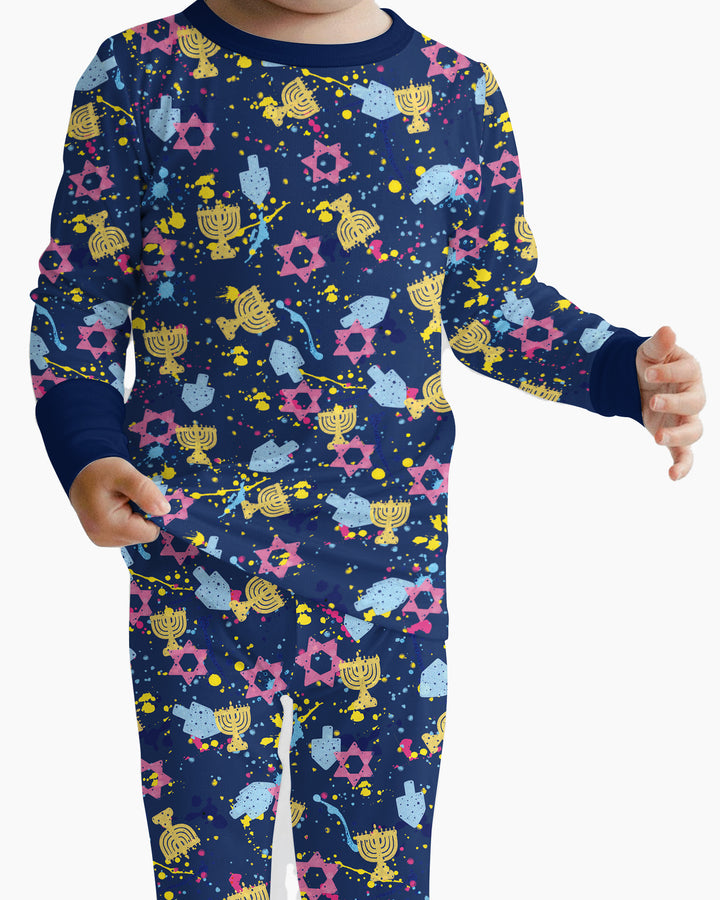 Hanukkah Family Splatter Paint  Bamboo Two Piece Long Sleeve Pajama Set