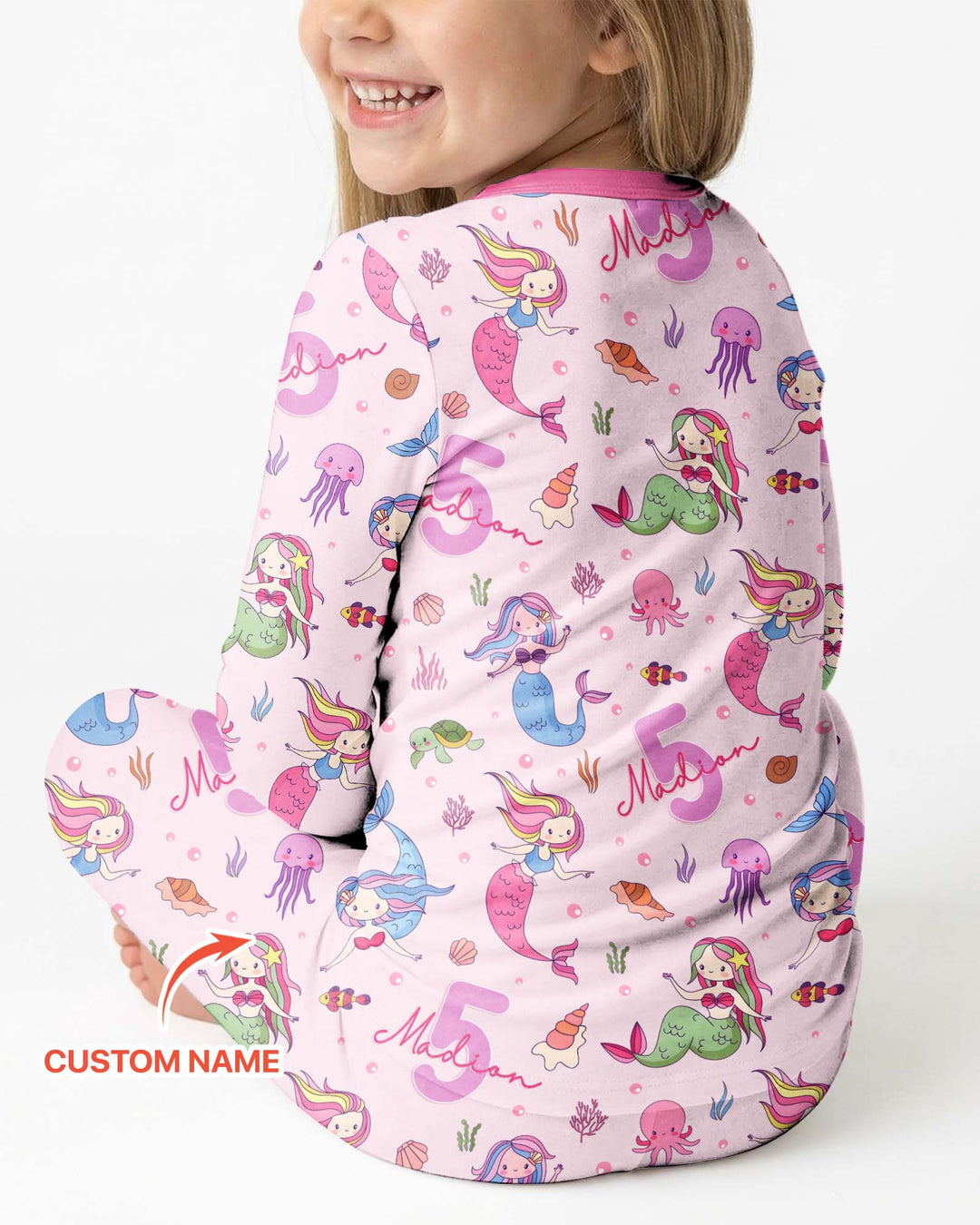 Custom Name Birthday Mermaid Bamboo Two Piece Long Sleeve Pajama Set