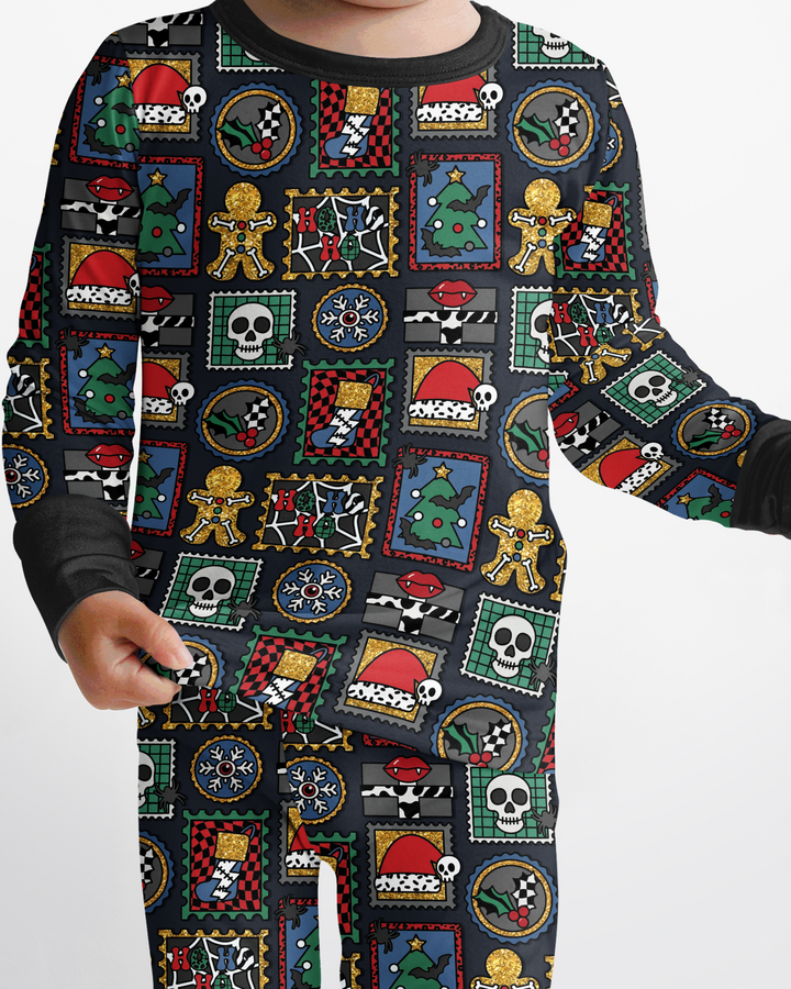 Retro Spooky Christmas Stamp Bamboo Two Piece Long Sleeve Pajama Set