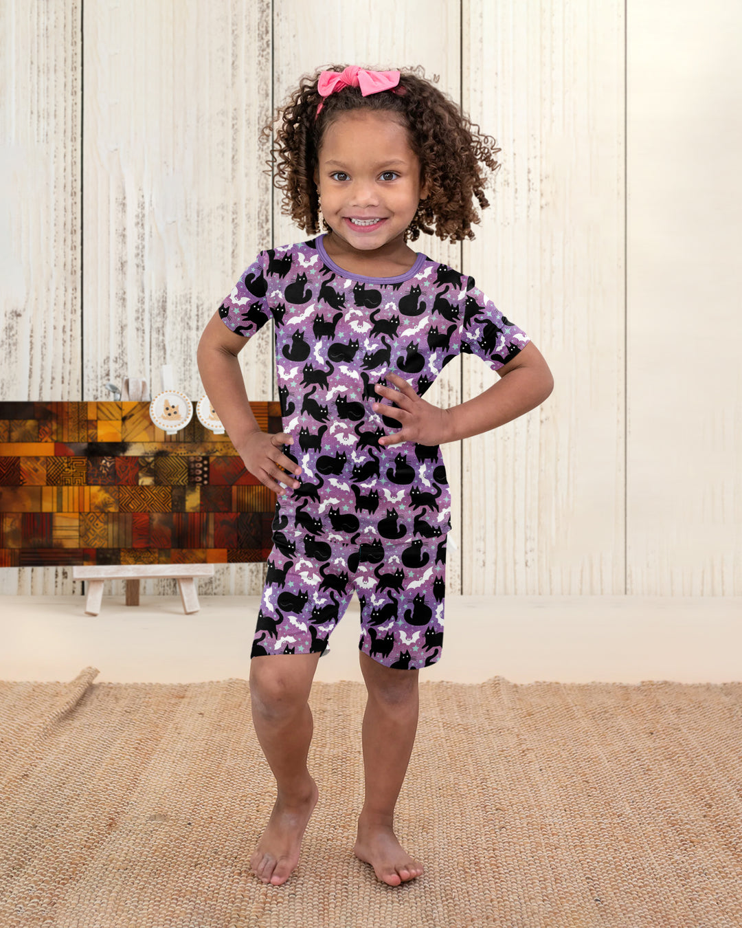 Spooky Black Cat Halloween Purple Bats Bamboo Two Piece Short Sleeve Shorts Pajama Set