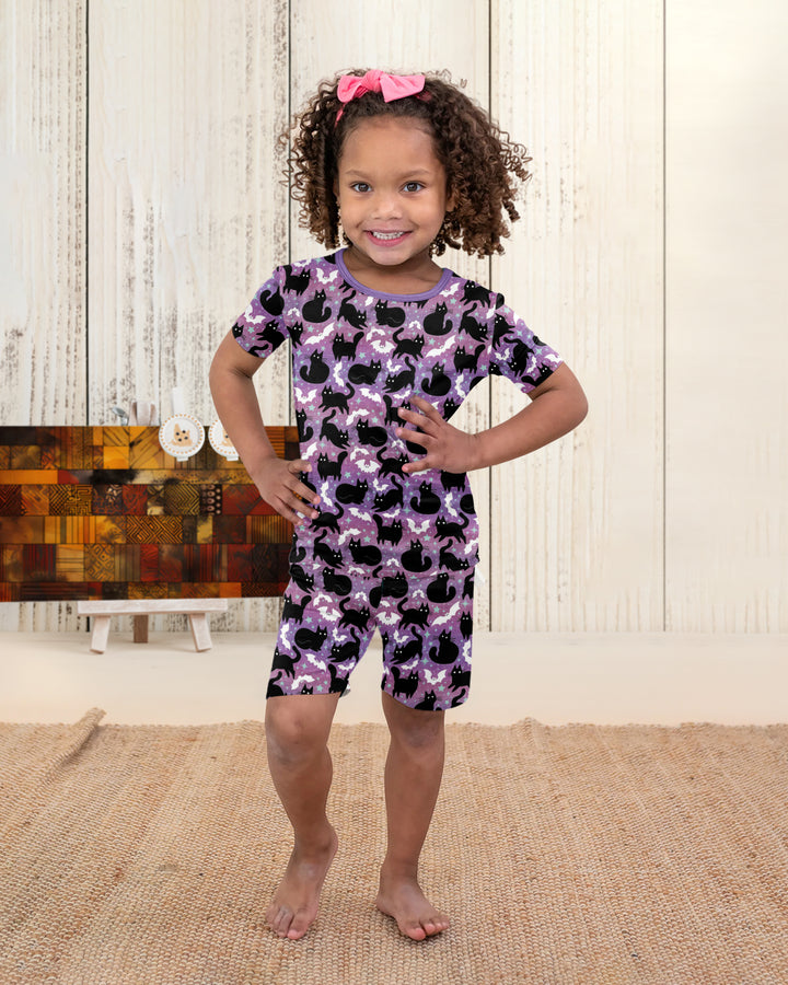 Spooky Black Cat Halloween Purple Bats Bamboo Two Piece Short Sleeve Shorts Pajama Set