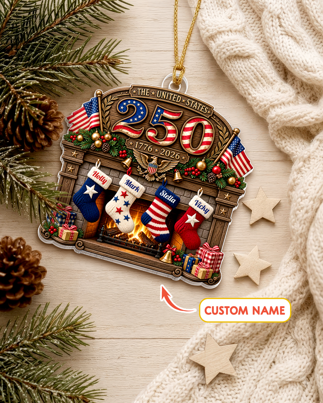 USA 250th Anniversary Fireplace 1-Side Photo Acrylic Ornament