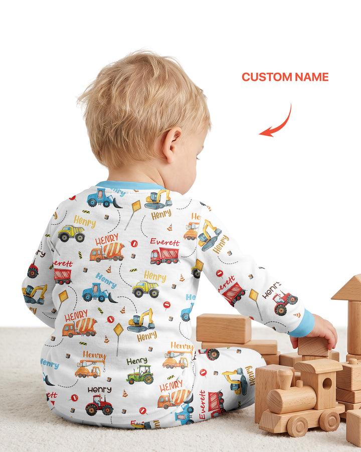 Construction Vehicles Custom Name Bamboo Two Piece Long Sleeve Pyjamas Set