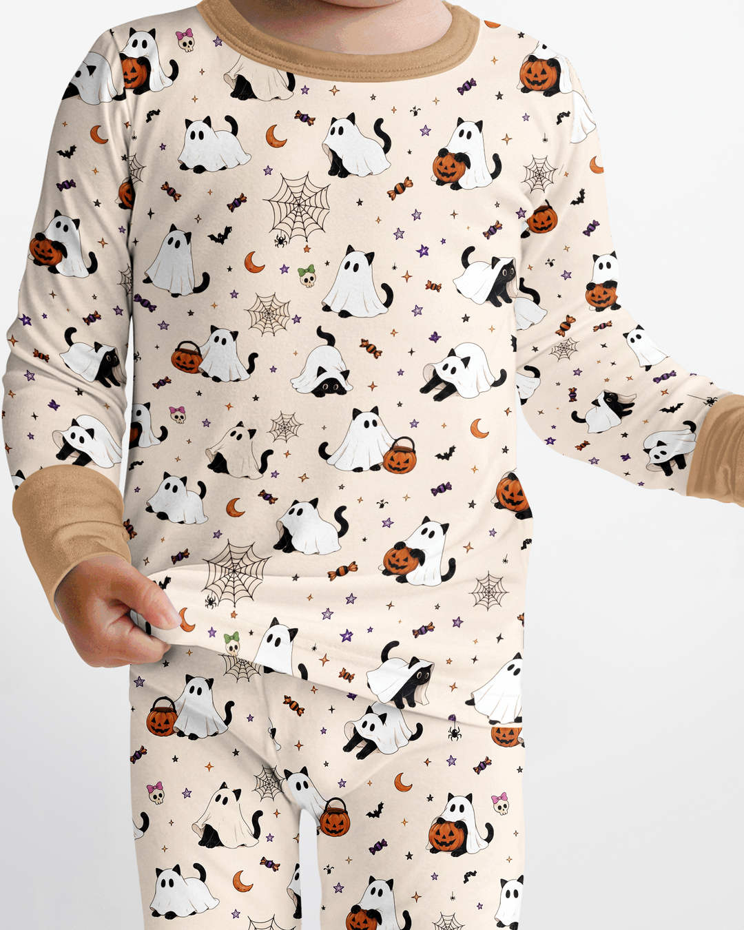 Ghost Cat Vintage Halloween Bamboo Two Piece Long Sleeve Pajama Set