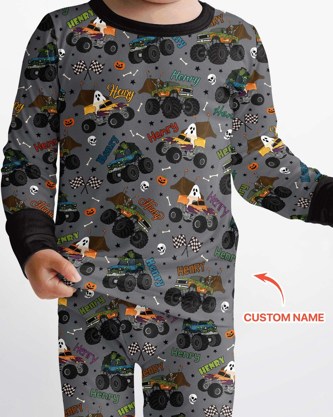 Custom Name Halloween Creepy Crusher Family Matching Bamboo Two Piece Long Sleeve Pajama Set
