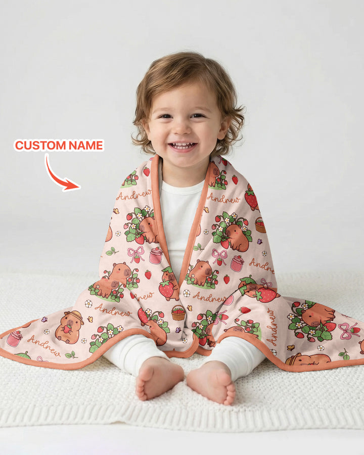 Custom Name Capybara Strawberry Bamboo Blanket