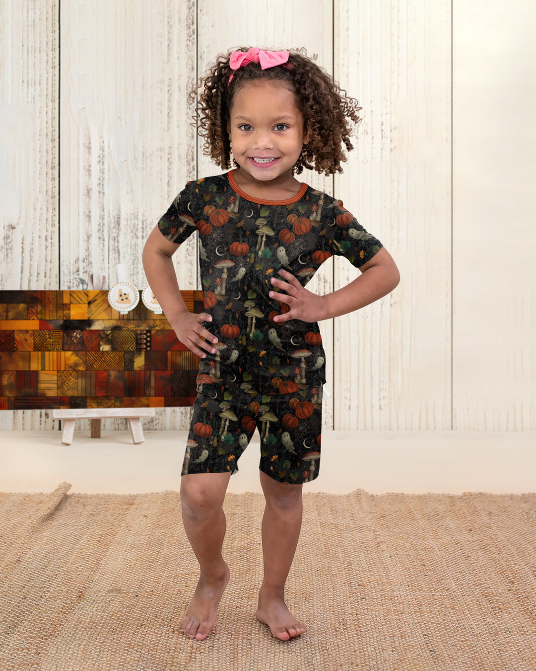 Spooky Cute Ghost Pumpkin Mushroom Halloween Bamboo Two Piece Short Sleeve Shorts Pajama Set