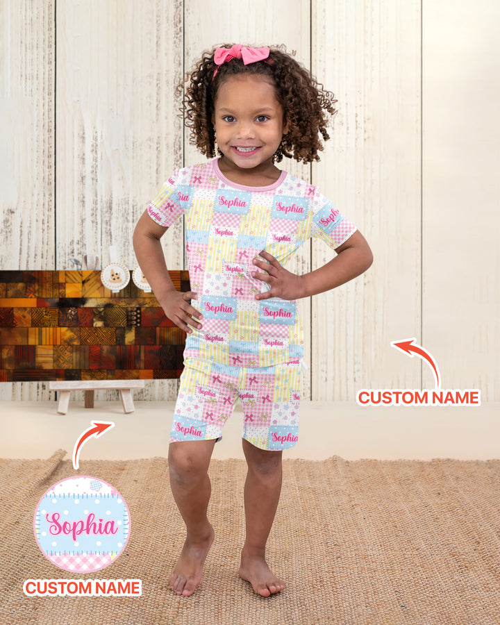 Custom Name Sweet Patchwork Bamboo Two Piece Short Sleeve Shorts Pajama Set