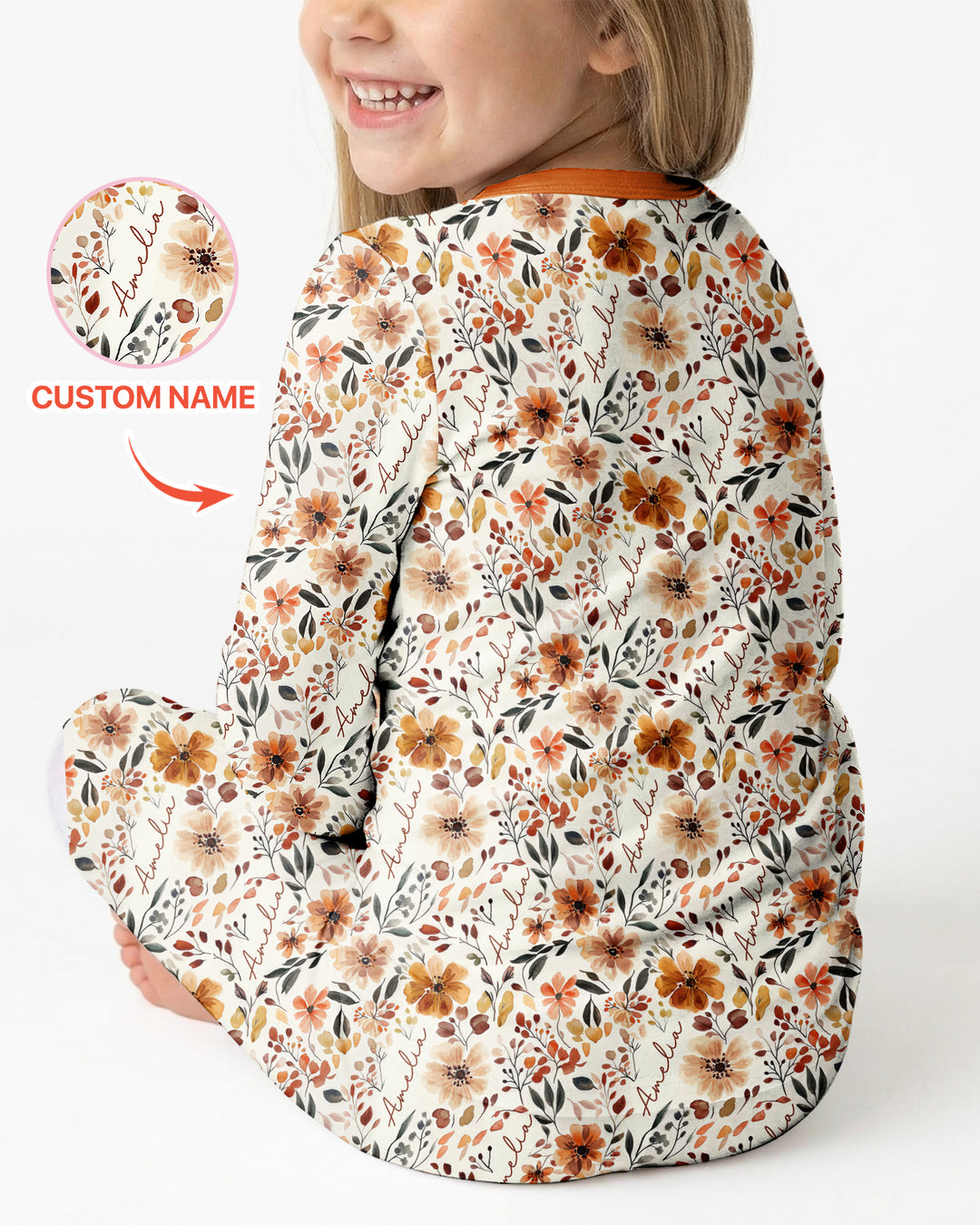 Custom Name Fall Flower Bamboo Two Piece Long Sleeve Pajama Set