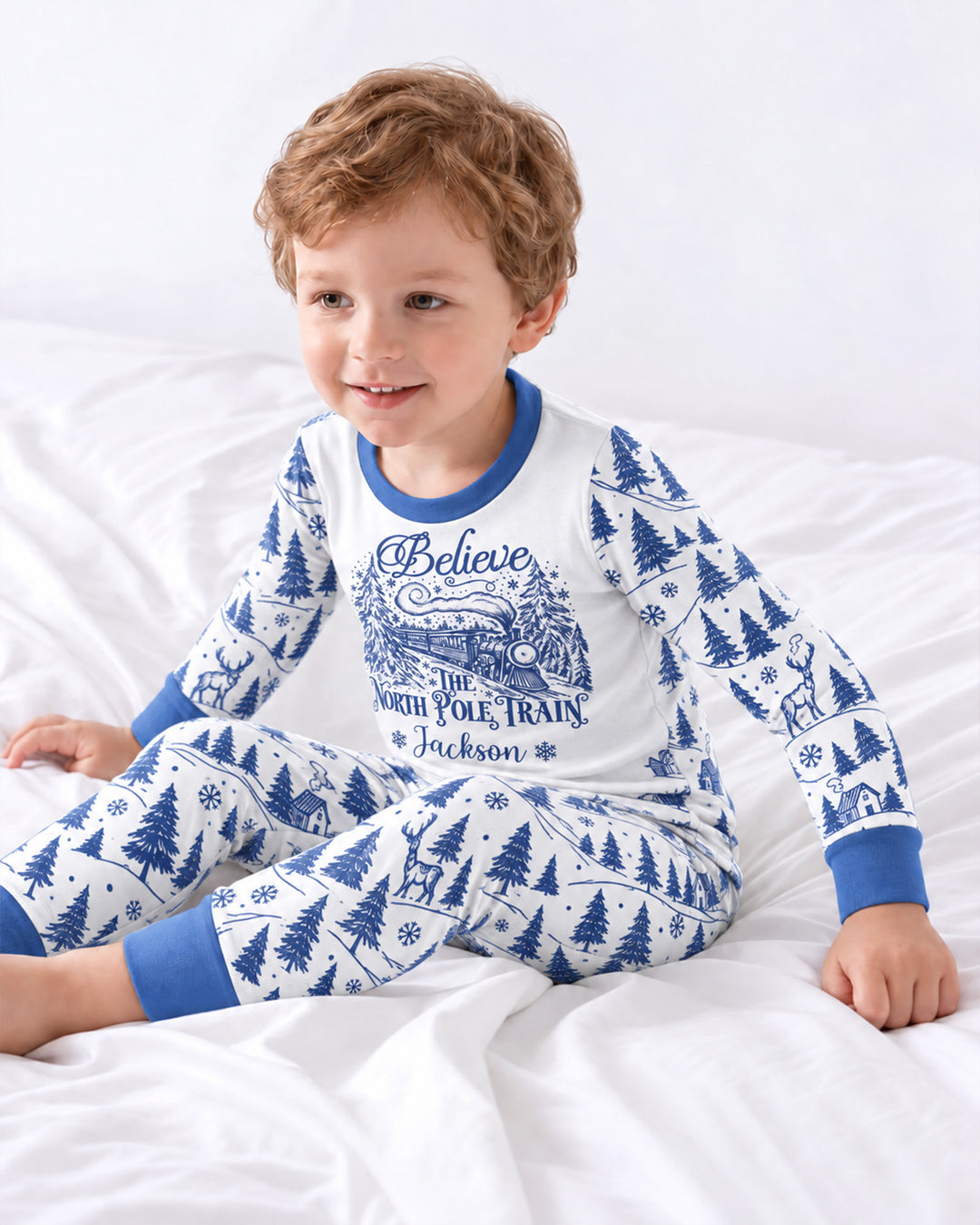 Custom Name North Pole Train Bamboo Two Piece Long Sleeve Pajama Set