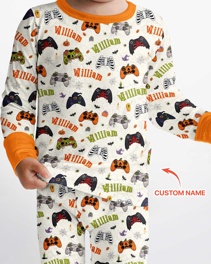 Custom Name Halloween Gaming Controllers Bamboo Two Piece Long Sleeve Pajama Set