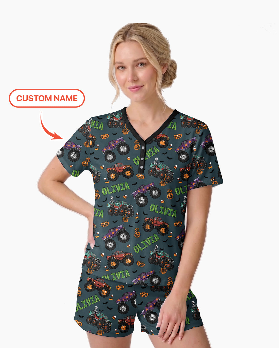Custom Name Haunted Monster Trucks  Bamboo Women Short Sleeve Short Pajama Set