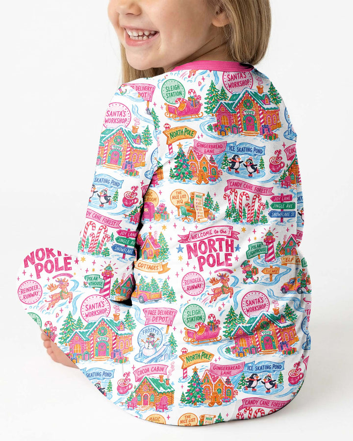 Welcome To North Pole Village Pink Christmas Bamboo Two Piece Long Sleeve Pajama Set