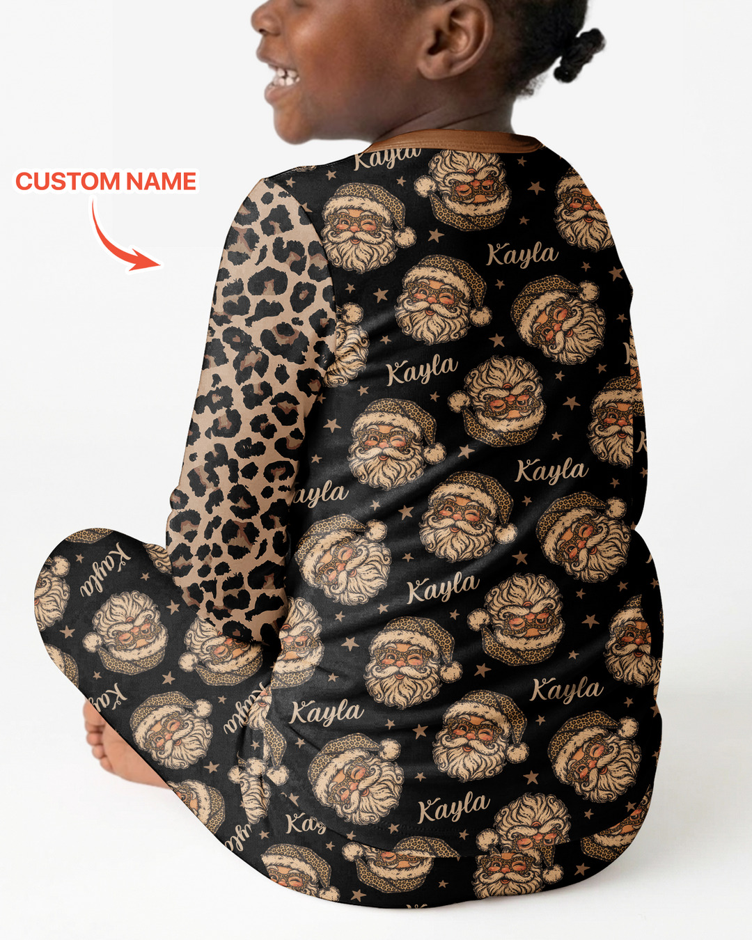 Custom Name Vintage Leopard Santa Bamboo Two Piece Long Sleeve Pajama Set