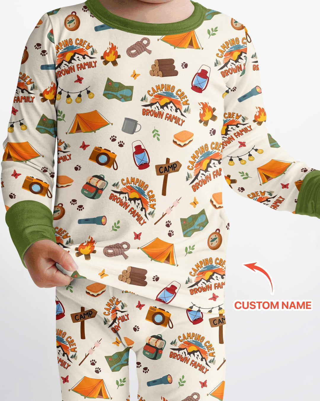 Custom Name Camping Crew Family Matching Bamboo Two Piece Long Sleeve Pajama Set