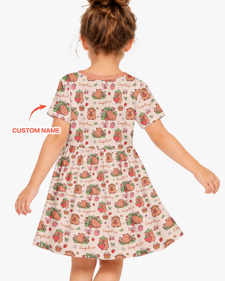 Custom Name Capybara Strawberry Bamboo Twirl Dress