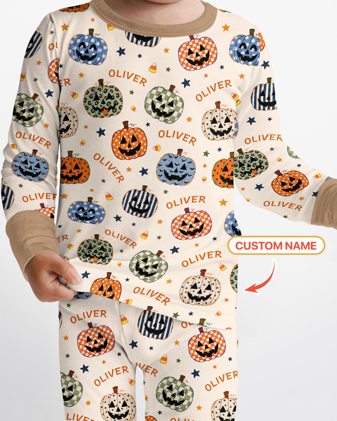Custom Name Colorful Jack O Lantern Bamboo Two Piece Long Sleeve Pajama Set