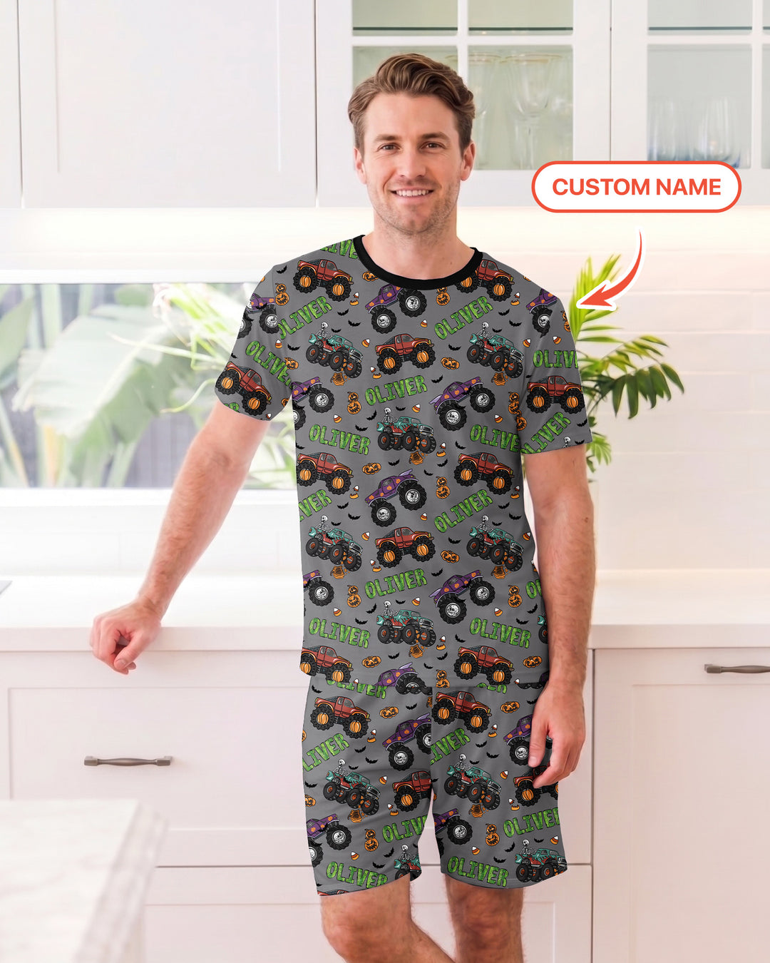Custom Name Haunted Monster Trucks  Bamboo Men Short Sleeve Short Pajama Set