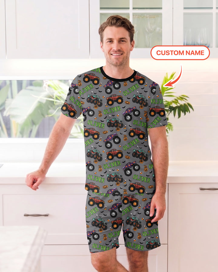 Custom Name Haunted Monster Trucks  Bamboo Men Short Sleeve Short Pajama Set