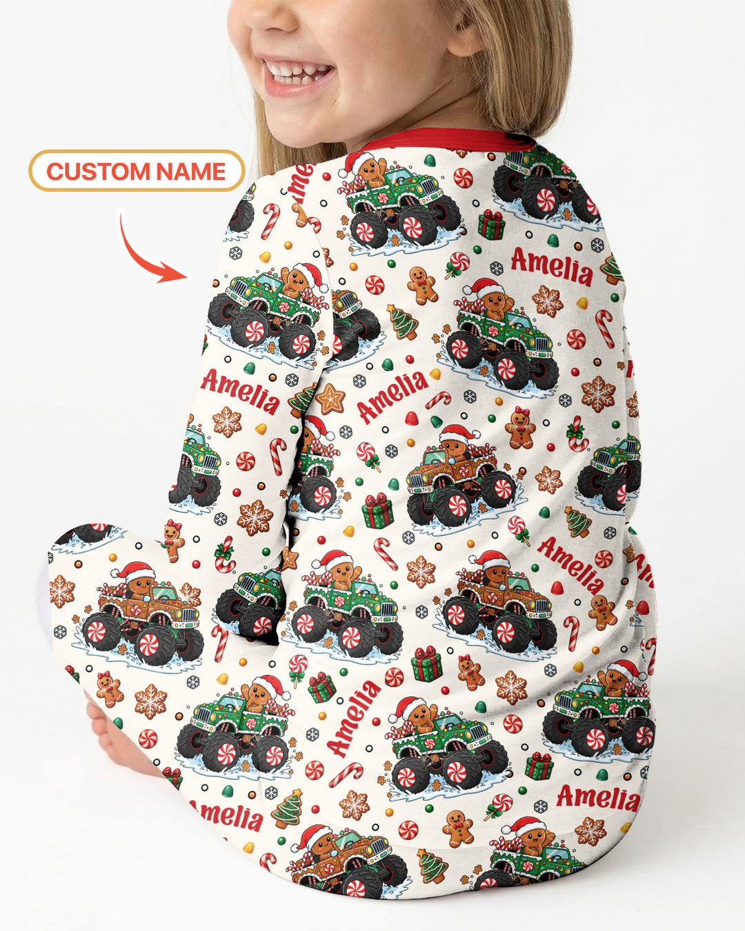 Custom Name Monster Truck Gingerbread Bamboo Two Piece Long Sleeve Pajama Set