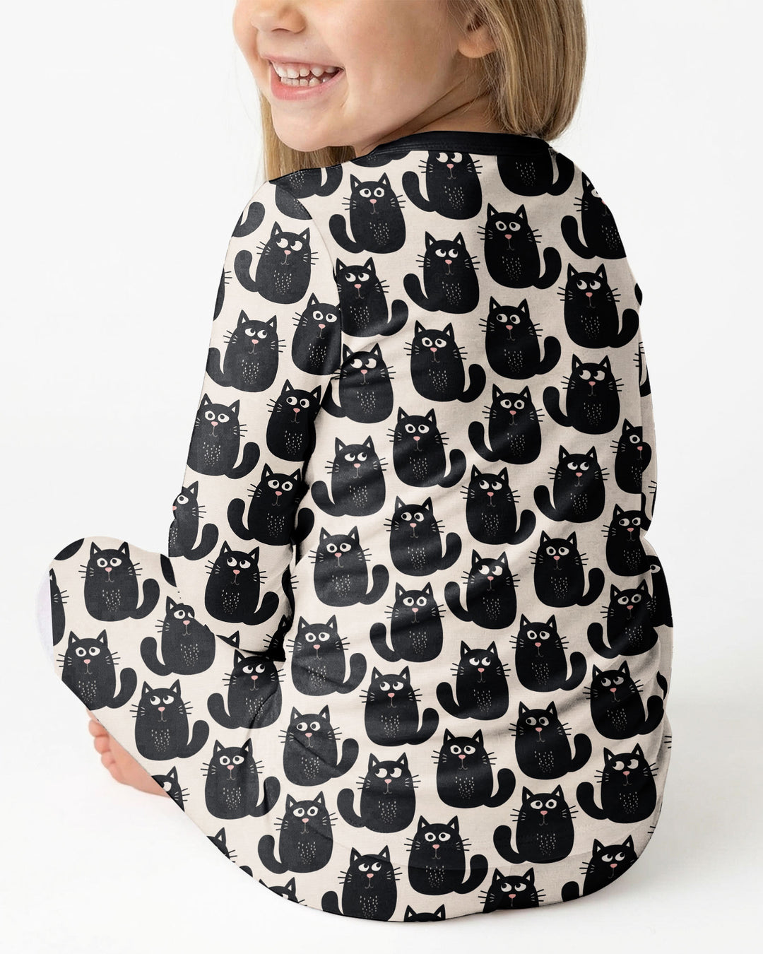 Moody Black Cats in Black and White Bamboo Two Piece Long Sleeve Pajama Set