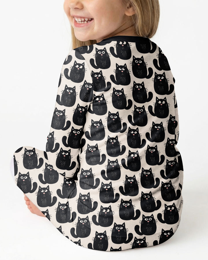 Moody Black Cats in Black and White Bamboo Two Piece Long Sleeve Pajama Set