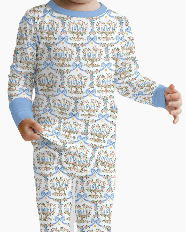 Cute Bow Hanukkah Menorah Bamboo Two Piece Long Sleeve Pajama Set