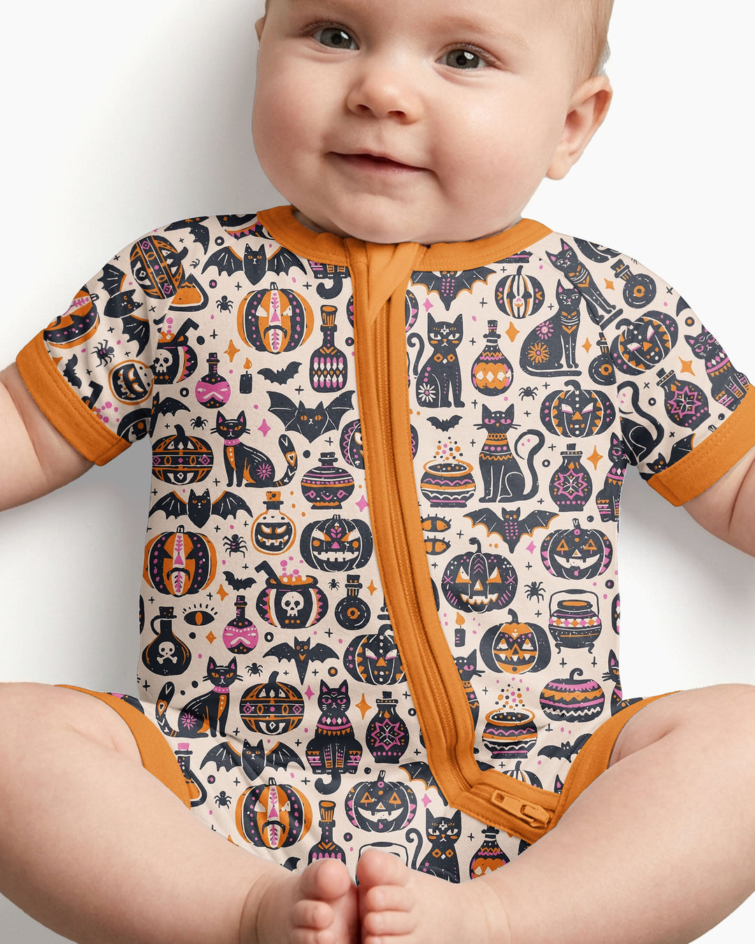 Whimsical Tribal Retro Halloween Black Cats Pumpkins Bamboo Shorty Zippy