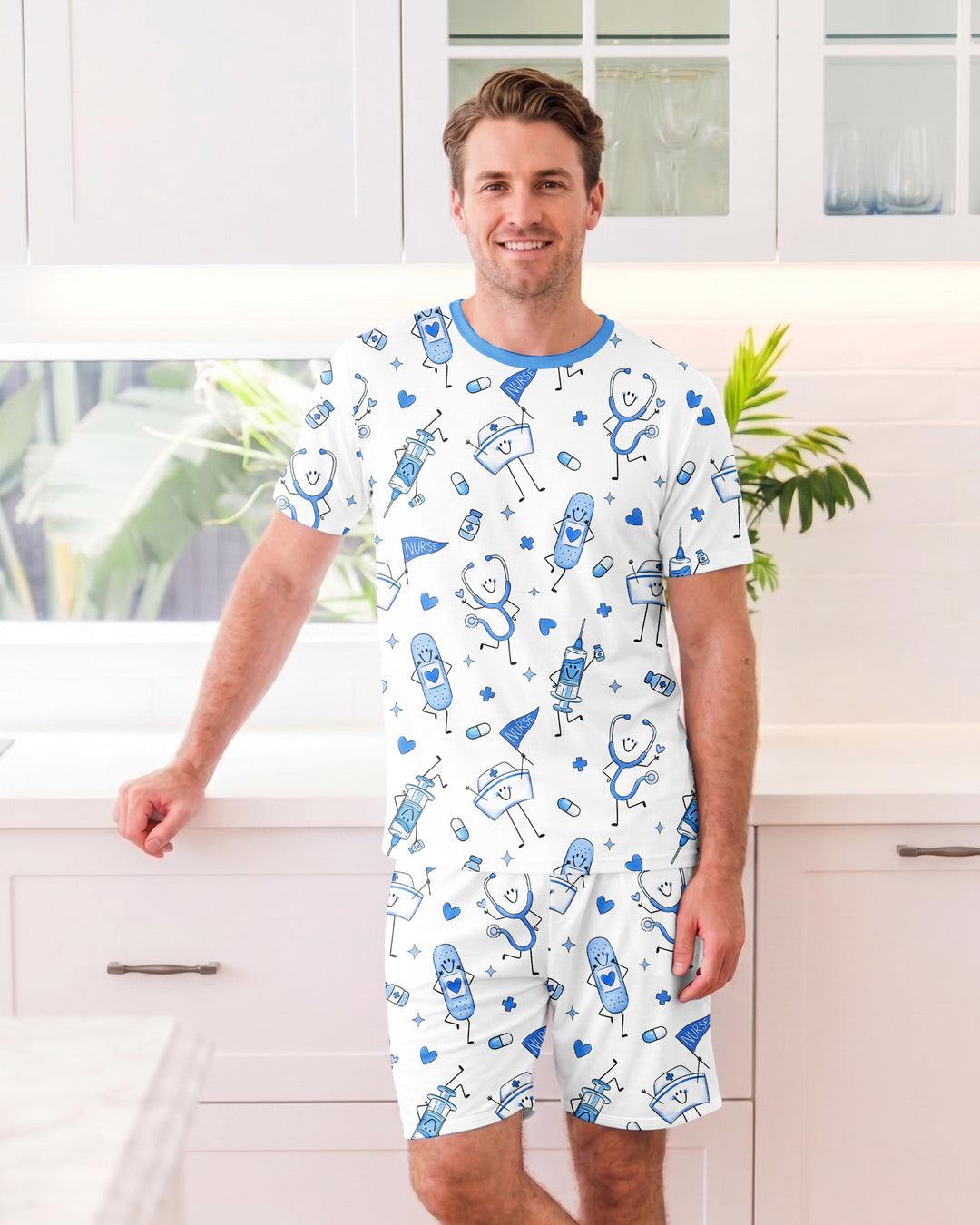 Cute Nurse Crew Bamboo Men Short Sleeve Short Pajama Set