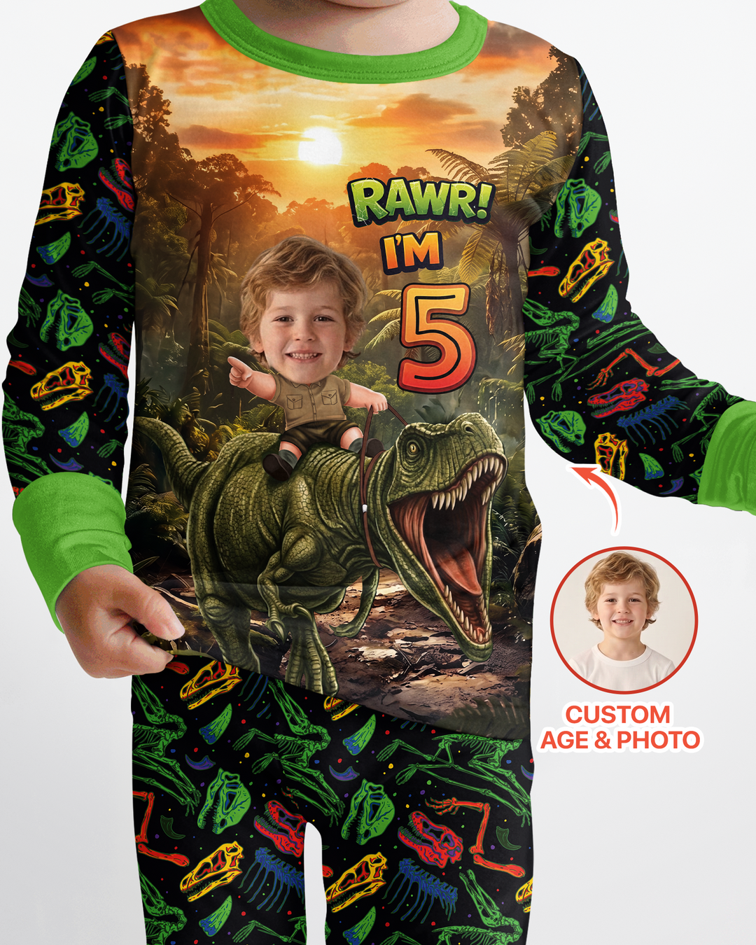 Custom Photo Dino Rawr Birthday Bamboo Two Piece Long Sleeve Pajama Set