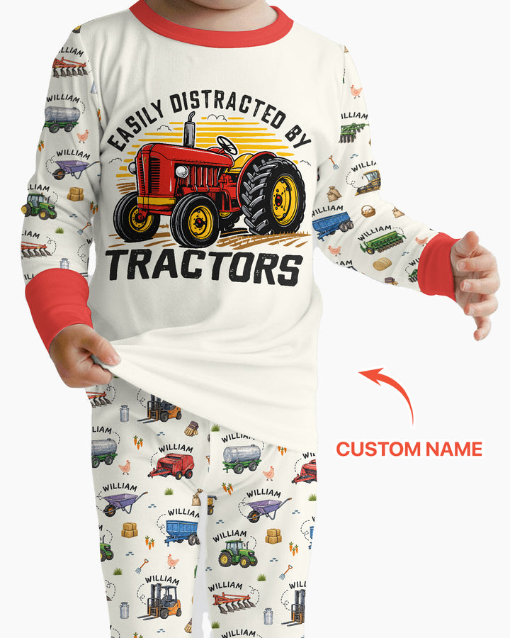 Easily Distracted By Tractors Custom Name Bamboo Two Piece Long Sleeve Pajama Set