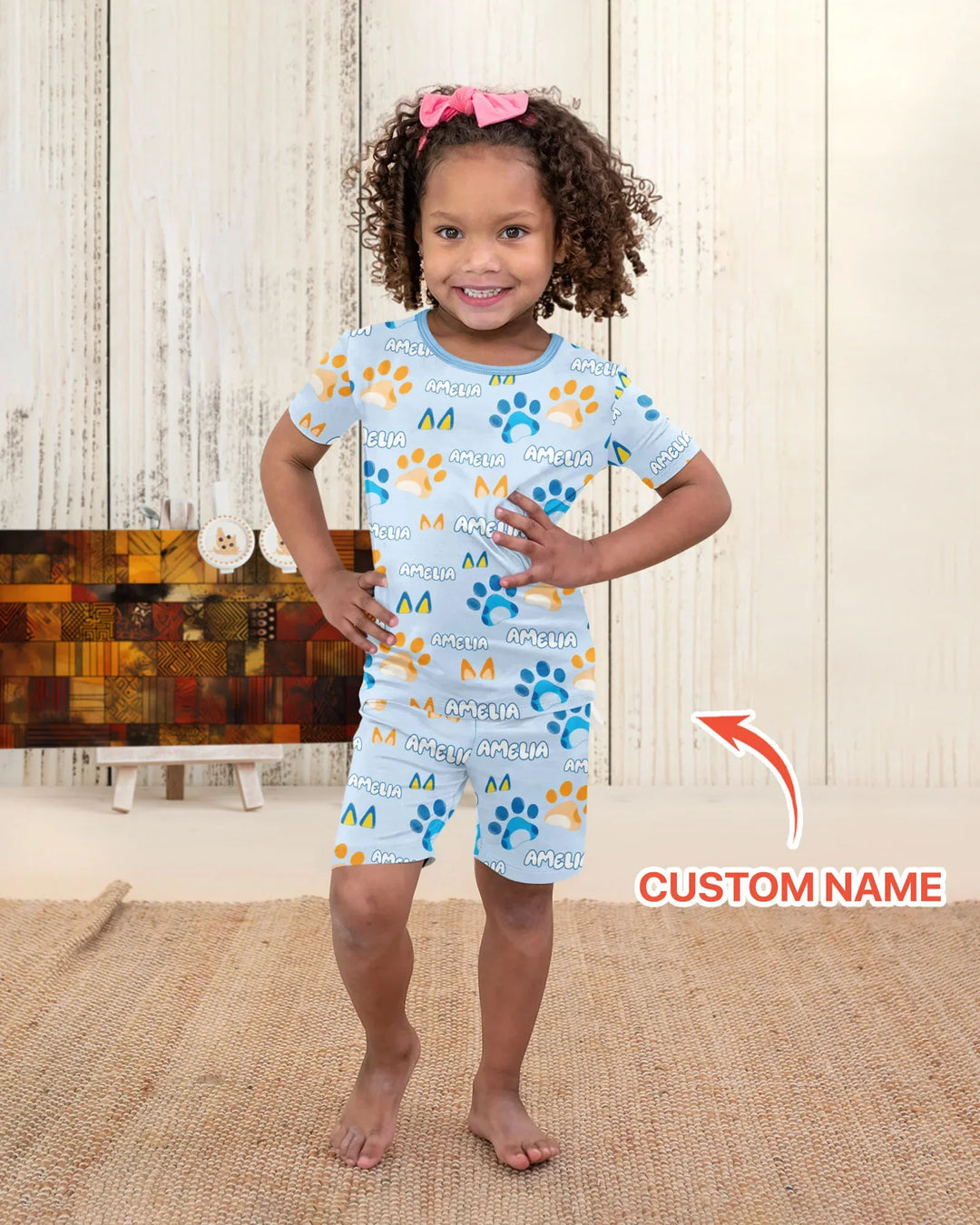 Custom Name Favourite Blue Dog Family Matching Bamboo Two Piece Short Sleeve Shorts Pajama Set