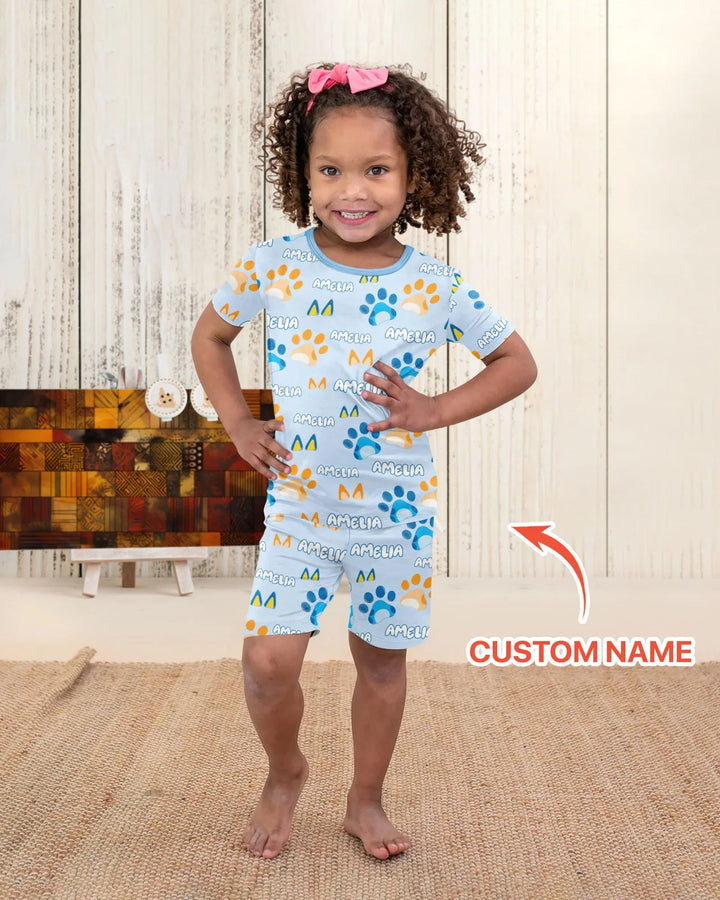 Custom Name Favourite Blue Dog Family Matching Bamboo Two Piece Short Sleeve Shorts Pajama Set