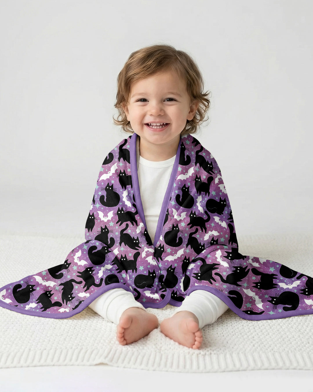 Spooky Black Cat Halloween Purple Bats Bamboo Blanket
