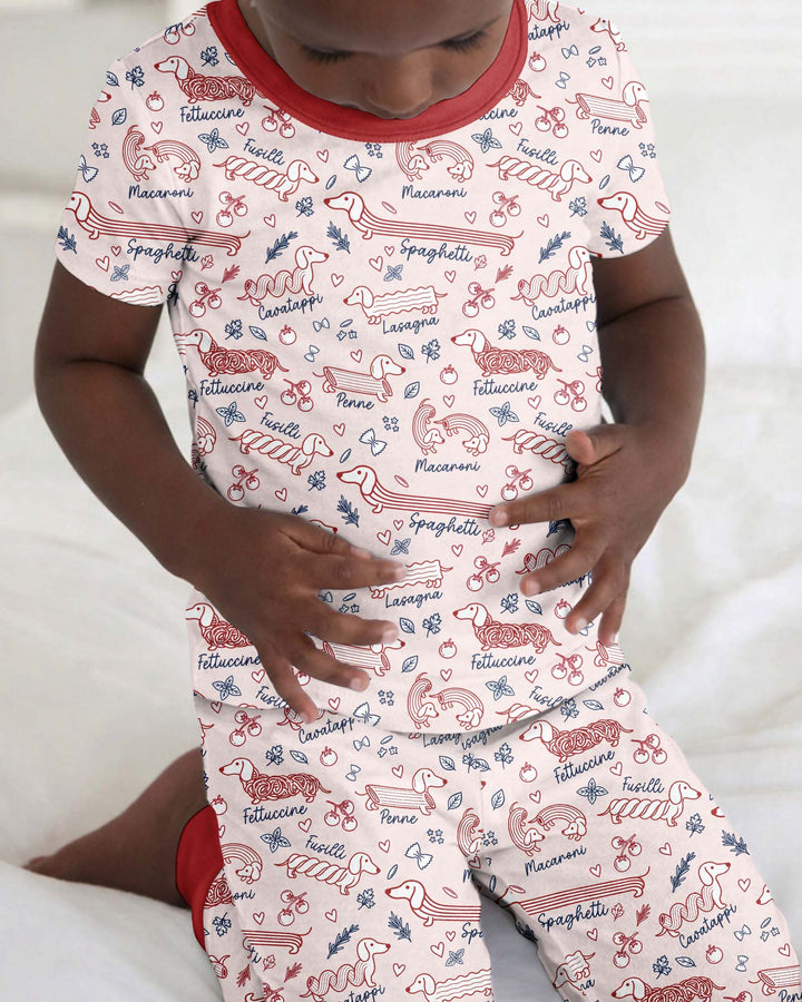 Funny Dachshund Pasta Pups Bamboo Two Piece Short Sleeve Pajama Set