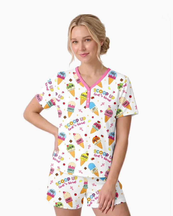 Ice Cream Summer Christian  Bamboo Women Short Sleeve Short Pajama Set