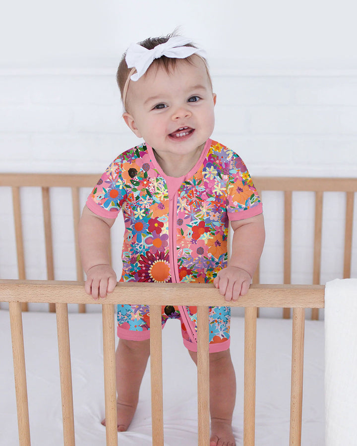 Rainbow Blooms Bamboo Shorty Zippered Romper