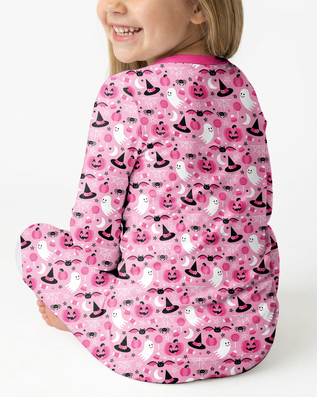 Cute Pink Halloween Ghost Pumpkin Witch Bamboo Two Piece Long Sleeve Pajama Set