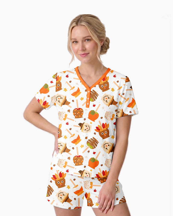 Fall Caramel Apple Family Matching Bamboo Women Short Sleeve Short Pajama Set